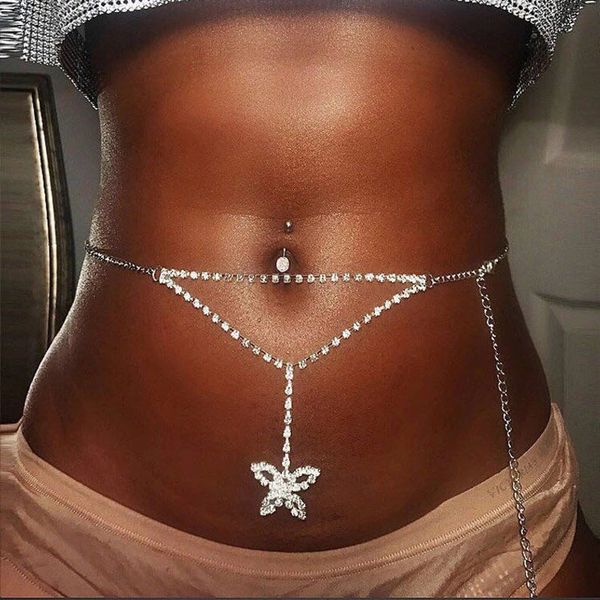 

chic shiny rhinestone butterfly chain waist chain for women fashion tennis waist belt belly bikini beach body jewelry gifts, Silver