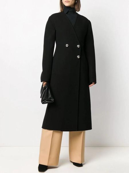 

women's wool & blends winter coat women outerwear 2021 fashion special three button brief v neck black xlong coats back split woolen