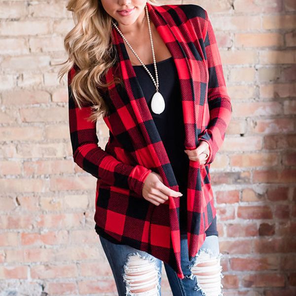 

women autumn grid plaid open cape casual loose blouse kimono jacket cardigan sweater coat, White