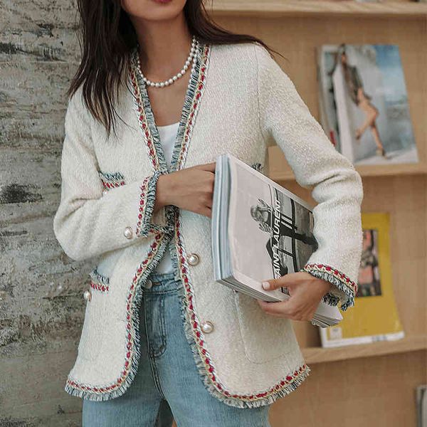 

women's jackets zawfl autumn plaid tweed female jacket long sleeve double breasted korean tassel shreds thicker coat fo9y, Black;brown