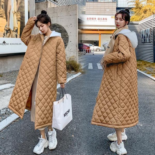 

women's down & parkas fashion women winter diamond long jacket 2021 korean casual hooded loose office ladies cotton outerwear, Black