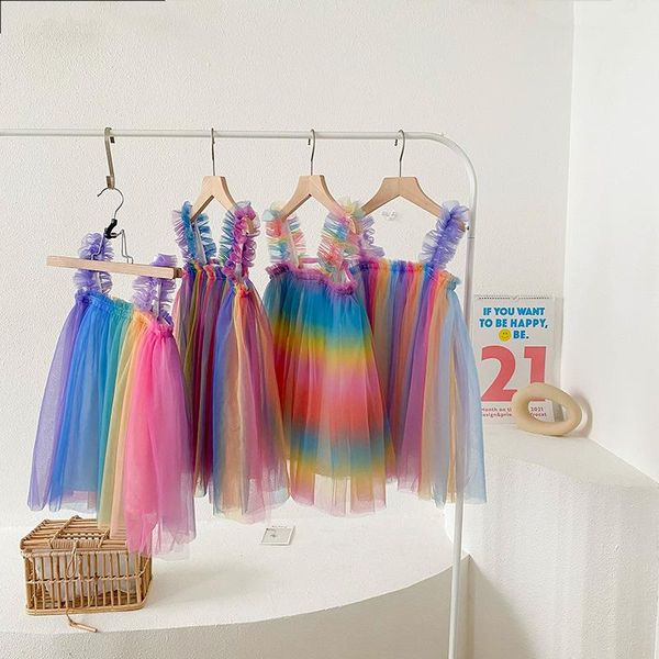 

korean girls dress baby gradient mesh cute princess 2 3 4 5 years old children rainbow color gauze starp girl's dresses, Red;yellow