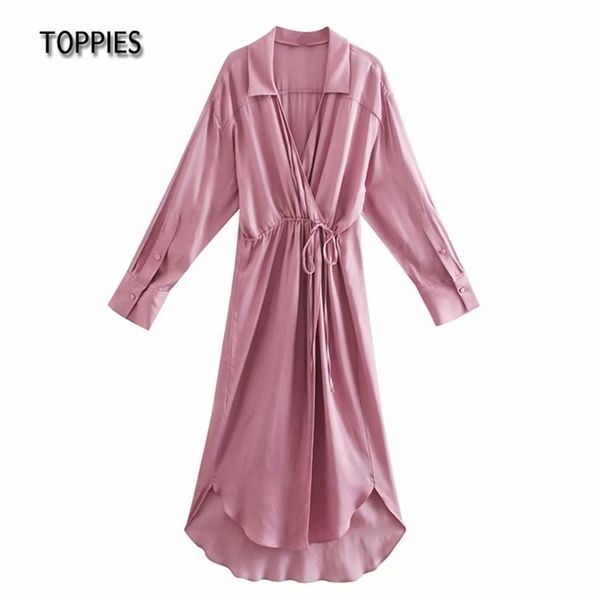

spring pink knot shirt dresses women long sleeve midi dress satin elegant vestido 210421, Black;gray