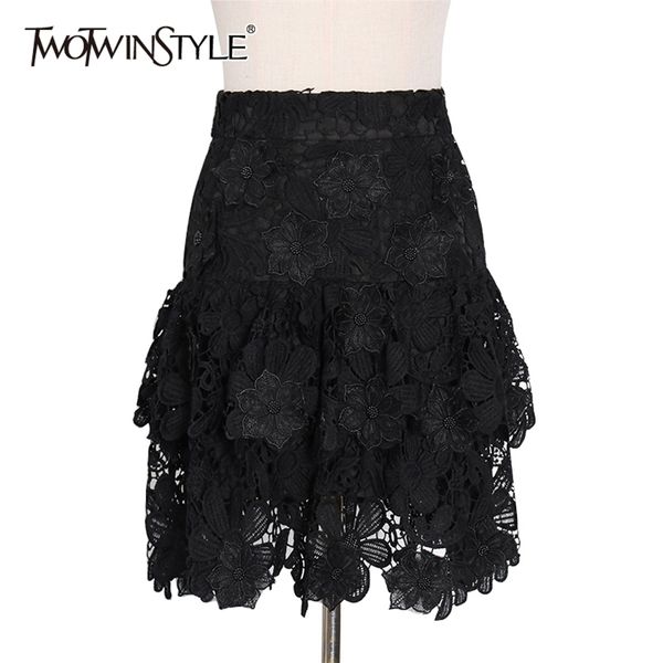 

patchwork flower solid skirt for women high waist lace hollow out mini skirts female fashion clothing 210521, Black