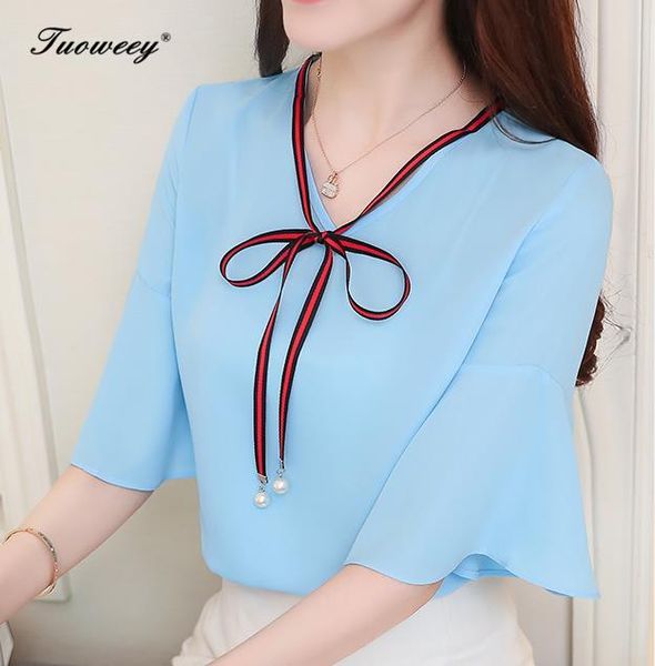 

fashion chiffon women blouse bow shirt short sleeve summer shirts v-neck sweet women's clothing blusas blouses &, White