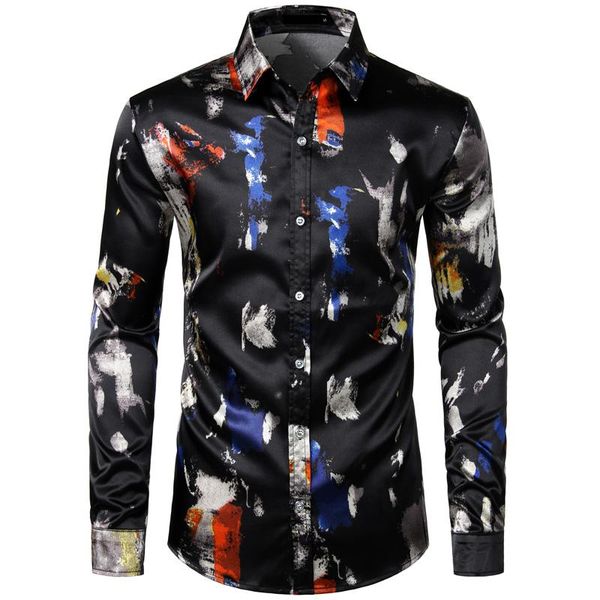 

men's casual shirts feather printed silk shirt men satin smooth long sleeve party button down designer for camisas hombre, White;black
