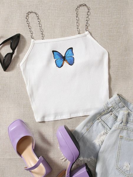 

chain detail butterfly print cami q3he#, White