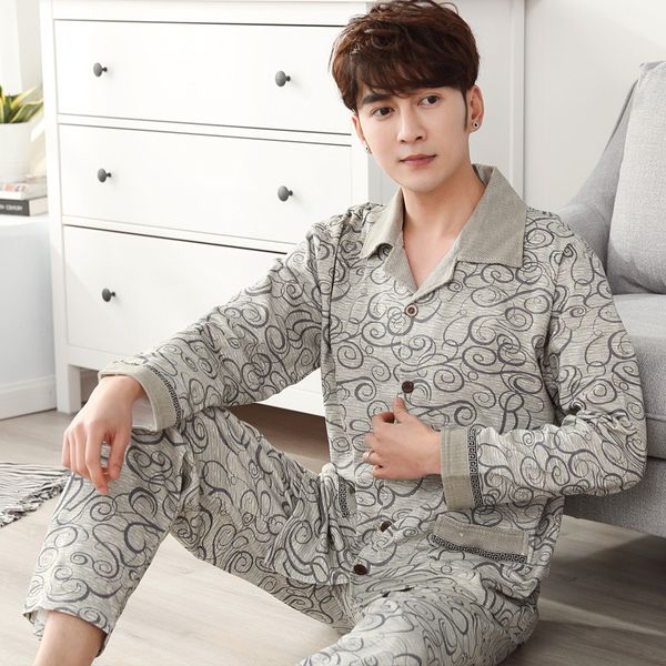 

jrmissli autumn mens cotton pyjamas sleepwear long bottom sets classic print homewear vintage pajamas r325, Black;brown