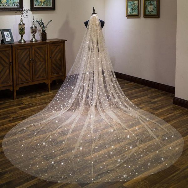 

bridal veils sparkly gold cathedral wedding veil with comb 4 meters long shiny accessories one layer velos de noiva, Black
