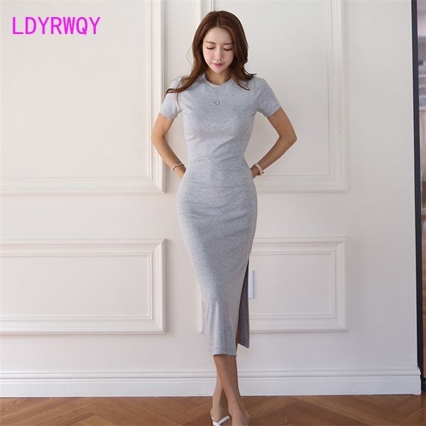

summer korean style slim casual knit split sleeve hip dress women knee-length office lady knitting cotton 210416, Black;gray