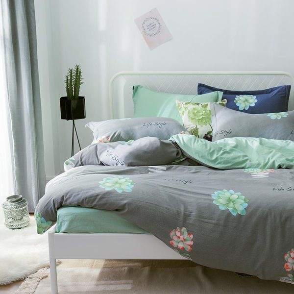 

bedding sets home textile duvet cover pillow case flat sheet cyan gray flower king twin girl kid woman bed linens