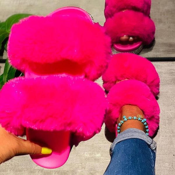 

furry slippers for women indoor home warm casual flat with slipper outdoor non-slip colorful shoes, Black
