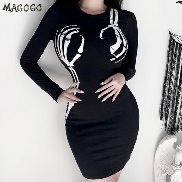 

casual dresses magogo gothic creative print round neck long-sleeved dress stretch peach buttocks hip, Black;gray