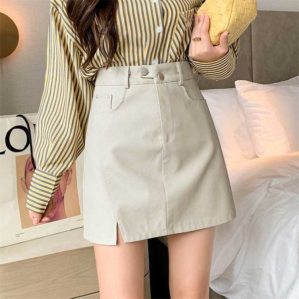 

make winter wardrobe malfunction prevention divided skirts joker pu leather buttons a word of tall waist 211112, Black