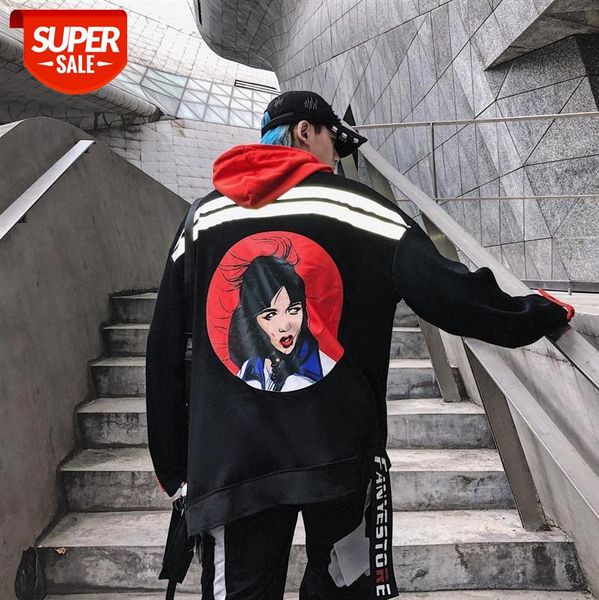 

european and american street hip-hop color-blocking portrait sweater high oversize printed striped laser hooded #fe7f, Black
