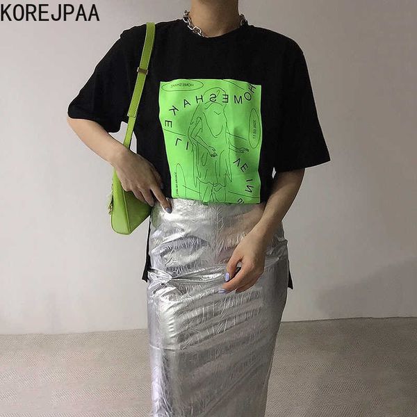 

korejpaa women sets summer korean chic all-match loose letter printing split short-sleeve t-shirt glossy high-waisted skirt 210526, White