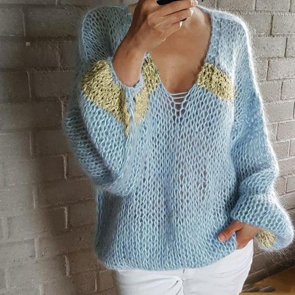 

women's sweaters knitted warm contrast colors v neck pullover autumn sweater lantern sleeve elastic women, White;black