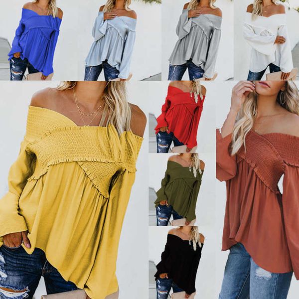 

casual shoulder shirt long sleeve t-shirt blouse summer su1362, White