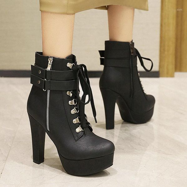 

boots fashion zipper platform shoes women corss tied square high heel ankle ladies autumn winter round toe motorcycle, Black