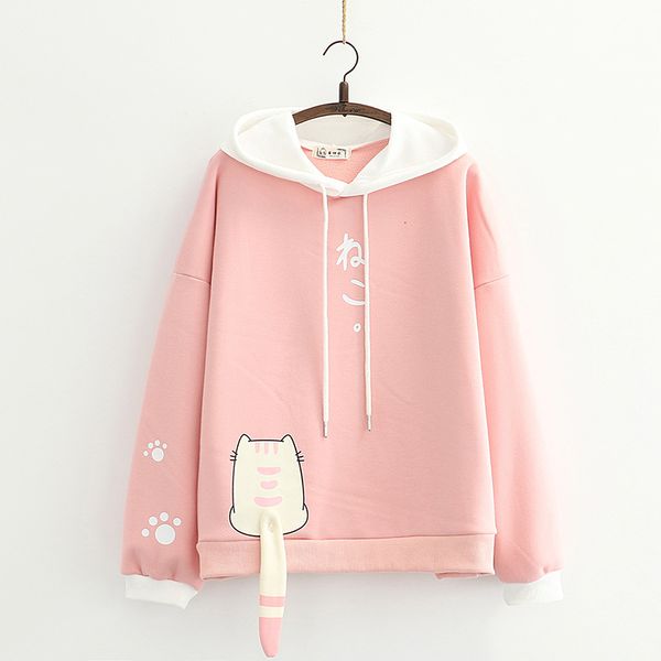 

women's hoodies & sweatshirts winter kawaii sweatshirt, wool, pink, , soft, cat's tail, white, hooded, women's sweater, doo8, Black