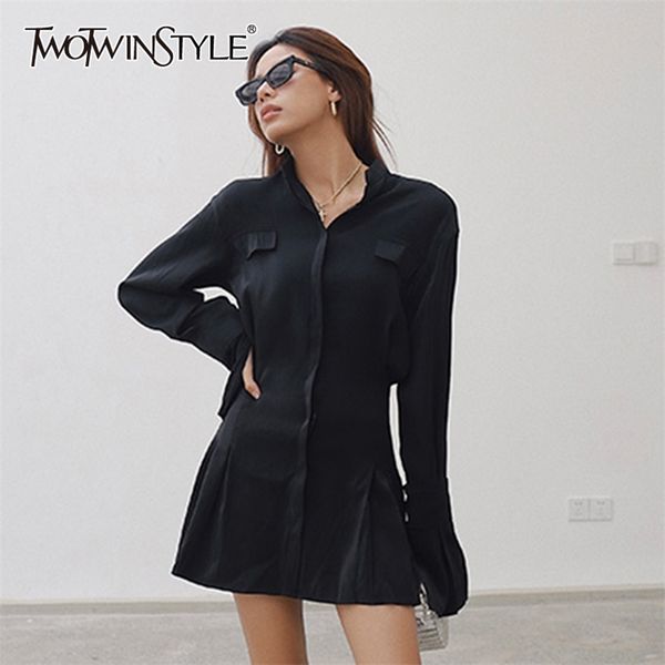 

elegant shirt mini dress for women lapel long sleeve high waist casual dresses female fashion clothing spring 210520, Black;gray