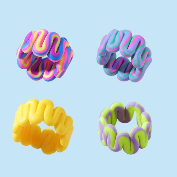 

cluster rings aesthetic colorful polymer clay round twisted finger fashion stripe wide geometric ring for women girls y2k jewelry gifts, Golden;silver