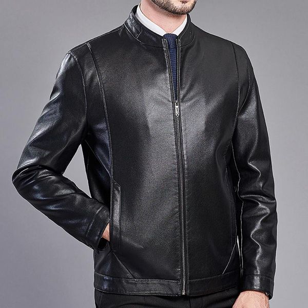 

slim men clothing pu middle-aged men's autumn and winter stand collar single leather casual jacket fur & faux, Black