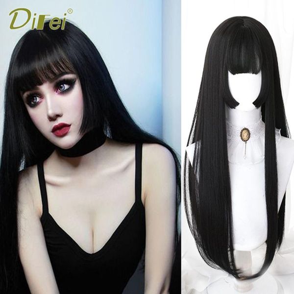 

synthetic wigs difei long straight hair lolita wig 12 colors with bangs female cosplay daily party heat resistant hairpiece, Black