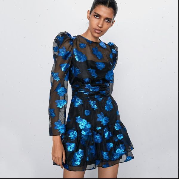 

zoepo floral printed fashion women dress o neck elegant perspective organza mini female ladies kh, Black;gray