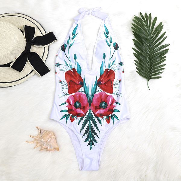 

2020 neck new with one print piece and deep v-neck bikini swimsuit, White;black