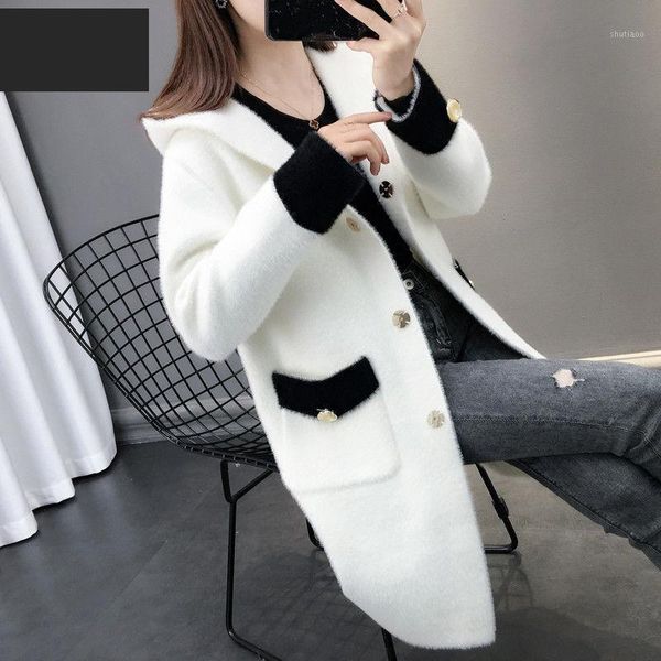 

women's wool & blends mink velvet jacket mid-length 2021 autumn and winter double-sided fleece korean version of loose woolen coat, Black