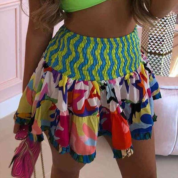 

cp summer beach style womens skirt printed fashion collected waisted elegant a line mini female ladies, Black