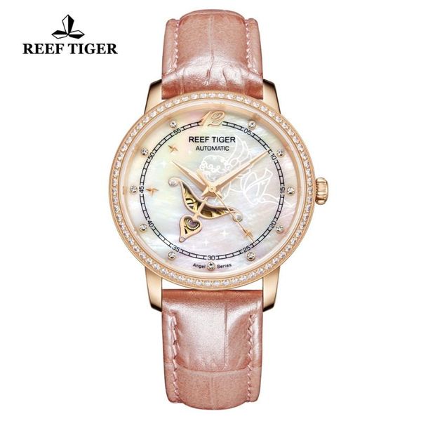 

wristwatches reef tiger/rt designer fashion womens watch with white mop dial diamonds automatic watches calfskin leather rga1550, Slivery;brown