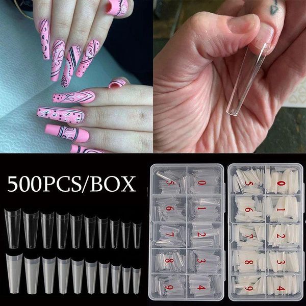 

false nails 500pcs half cover french nail art tips transparent long c curve coffin artificial acrylic uv gel polish manicure tool, Red;gold