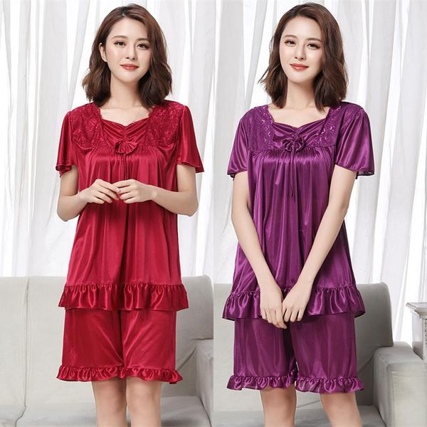 

women's sleepwear 2021 summer short sleeve plus large size ice silk pajamas suit fat mm home service nightdress 120 kg, Black;red