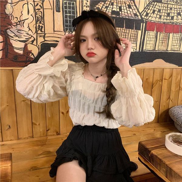 

women's blouses & shirts shirt french temperament square collar thin section long-sleeved chiffon female summer style korean slim slimm, White