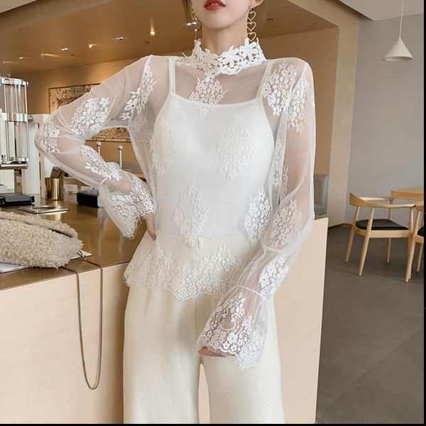 

elegant lace flower transparent womens shirts mesh long sleeve white office lady chemise clothing