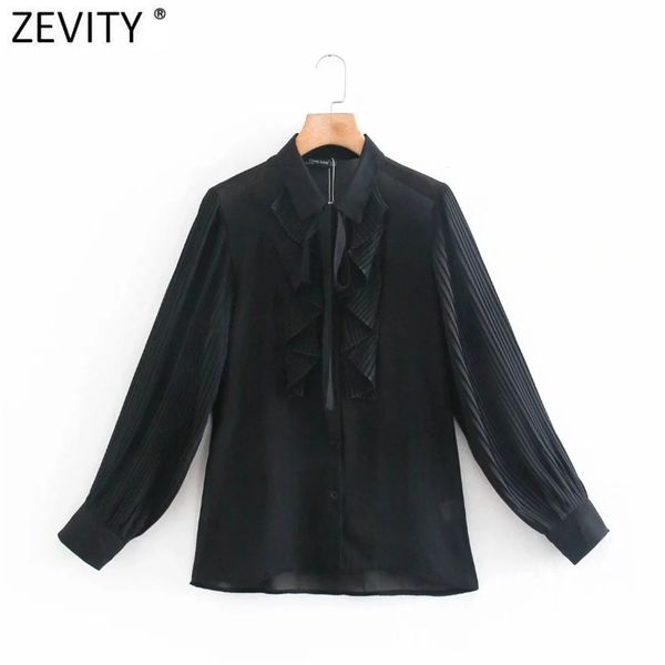

women fashion pleated sleeve patchwork black smock blouse office lady ruffles chiffon shirts chic blusas ls7687 210420, White
