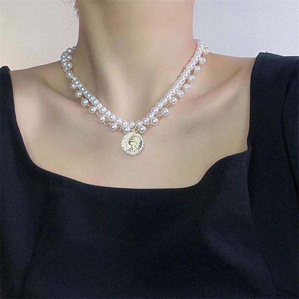 

chokers retro double layer imitation pearl beaded alloy geometric disc pendant simple necklace for women fashion jewelry accessories, Golden;silver