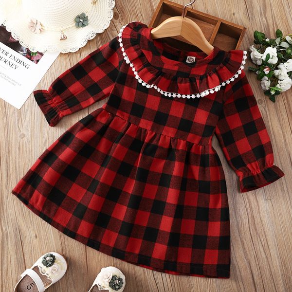 Mode Baby Mädchen Kleidung Kleid Frühling Herbst Kinder Outfits Langarm Mittlere Kind Kleider Mit Rot Plaid Ball Spitze Kragen mädchen Kleidung