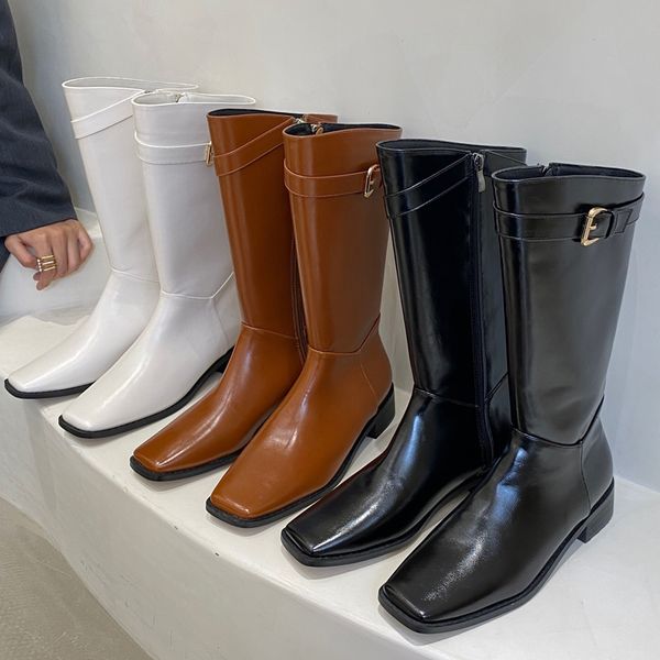 

new women boots knee square toe ladies booties winter design thick heel female shoes causal belt buckle woman boots shoes, Black