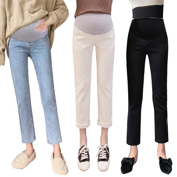 

maternity bottoms straight washed denim summer elastic waist belly cropped harem pants for pregnant women pregnancy jeans work trousers, White