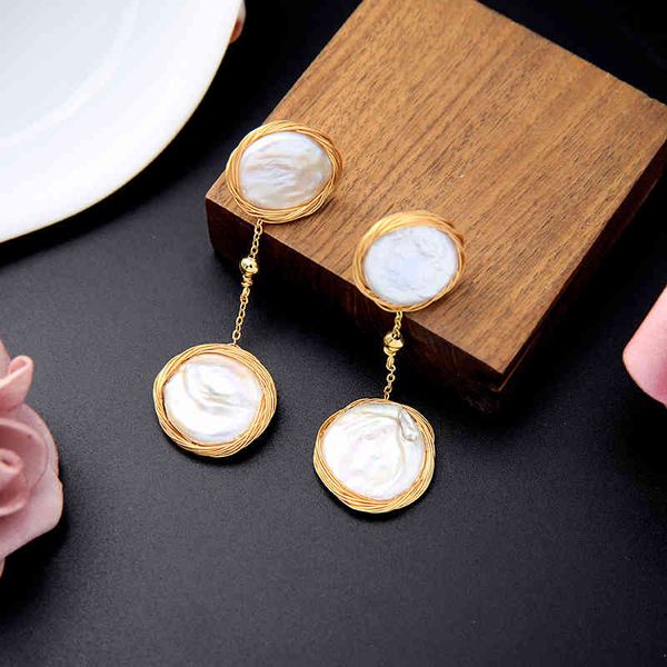 

2021 cultured pearl drop earrings women party weeding fashion double baroque freshwater pearls hand-wrapped jewelry, Golden