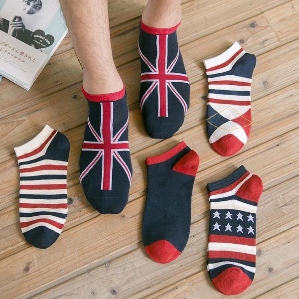

pairs men's fashion national flag cotton sock non-slip invisible boat socks slippers breathable male ankle striped sox, Black