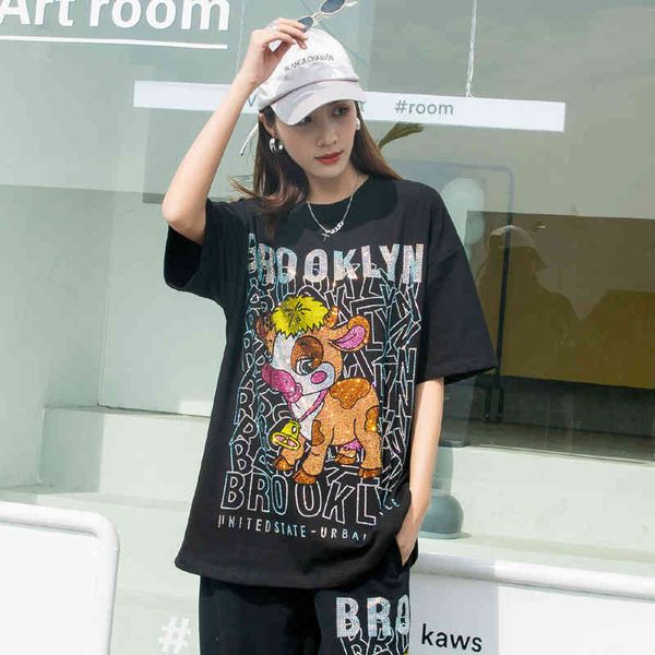 

polo thailand tide brand 2021 early spring creative round neck loose drill commuter all-match t-shirt half sleeve printed top, White