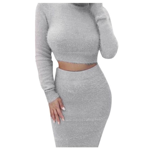 

solid colors sweater bodycon women tracksuits skirt set winter long sleeved cropped pencil knitted suit plus size vestidos g3, Gray