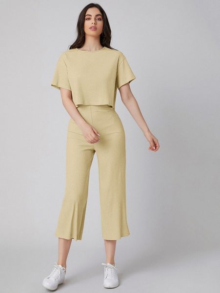 

drop shoulder rib-knit & capris pants set 65dg#, White