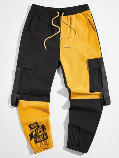 

men colorblock patchwork drawstring waist cargo pants c5lv#, Black