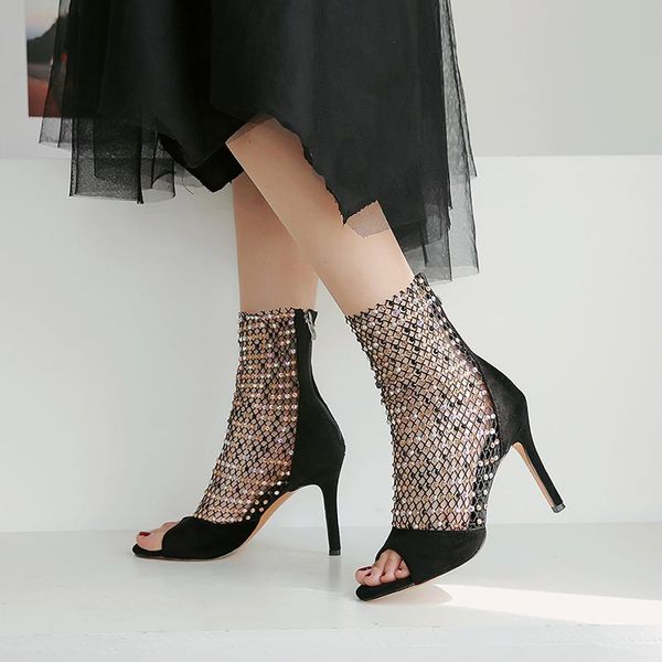 

shoes woman 2021 high heels sandals women bling rhinestone mesh ladies party peep toe zipper summer boots 34-43, Black