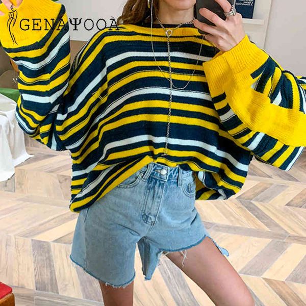 

genayooa autumn loose striped women rainbow sweater knit long sleeve o neck high street jumper ladies sweaters 210417, White;black